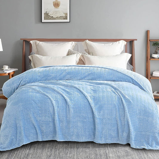 Exclusivo Mezcla King Size Jacquard Weave Wave Pattern Flannel Fleece Velvet Plush Bed Blanket as Bedspread/Coverlet/Bed Cover (90" x 104",Stone Blue) - Soft, Lightweight, Warm and Cozy