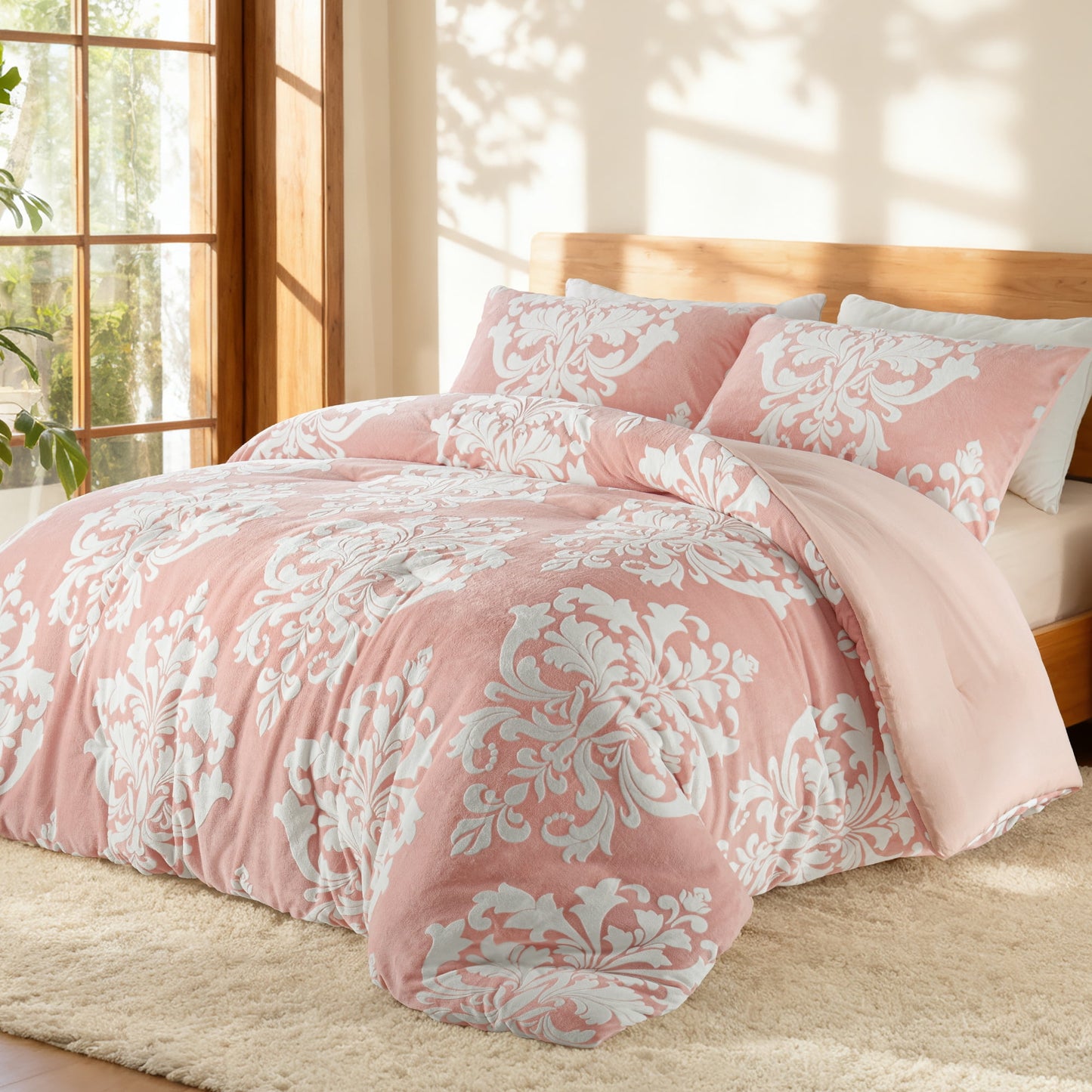 Exclusivo Mezcla Luxury Fuzzy Twin Comforter Set, 2 Pieces Boho Soft Warm Pink Comforters, Reversible Flannel Fluffy Bedding Comforter Sets for All Seasons