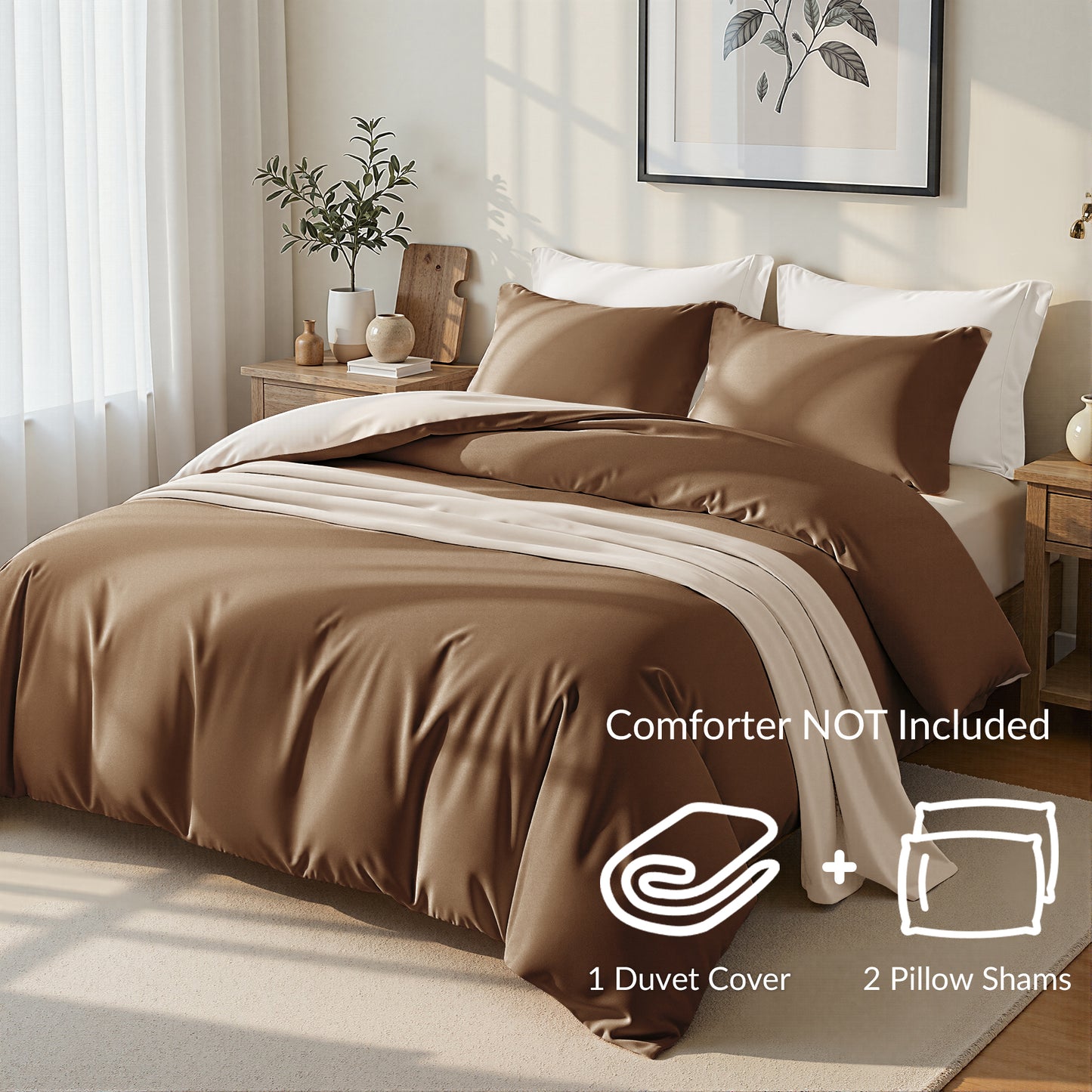 Exclusivo Mezcla Twin Bedding Duvet Cover Set, 2 Pieces Lightweight Comforter Cover with Pillow Sham (Brown and Brich Beige)