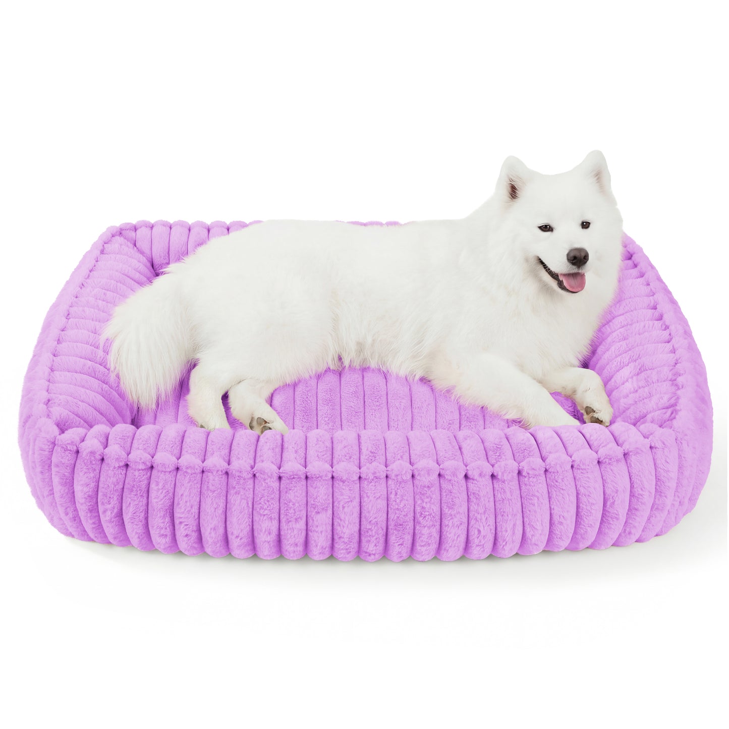 Exclusivo Mezcla Ribbed Plush Cuddler Dog Bed, 36"x28" Calming Pet Bed with Non-Slip Bottom for Large Dogs, Machine Washable, Purple