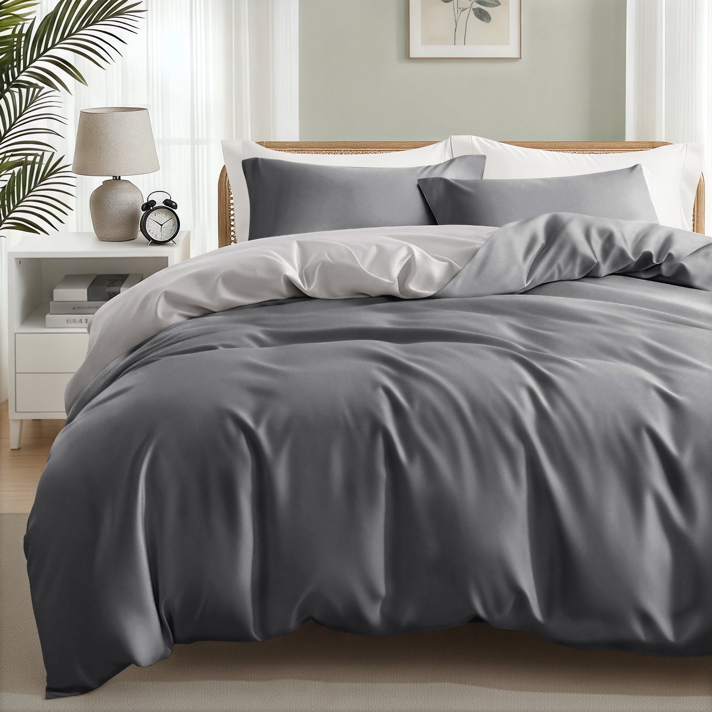 Exclusivo Mezcla Queen Bedding Duvet Cover Set, 3 Pieces Lightweight Comforter Cover with Pillow Shams (Light Grey and Dark Grey)