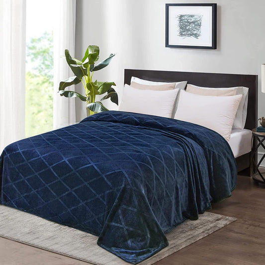 Exclusivo Mezcla Queen Size Flannel Fleece Blanket, 90x90 Inches Soft Diamond Geometry Pattern Velvet Plush Blanket for Bed, Cozy, Warm, Lightweight and Decorative Navy Blue Blanket