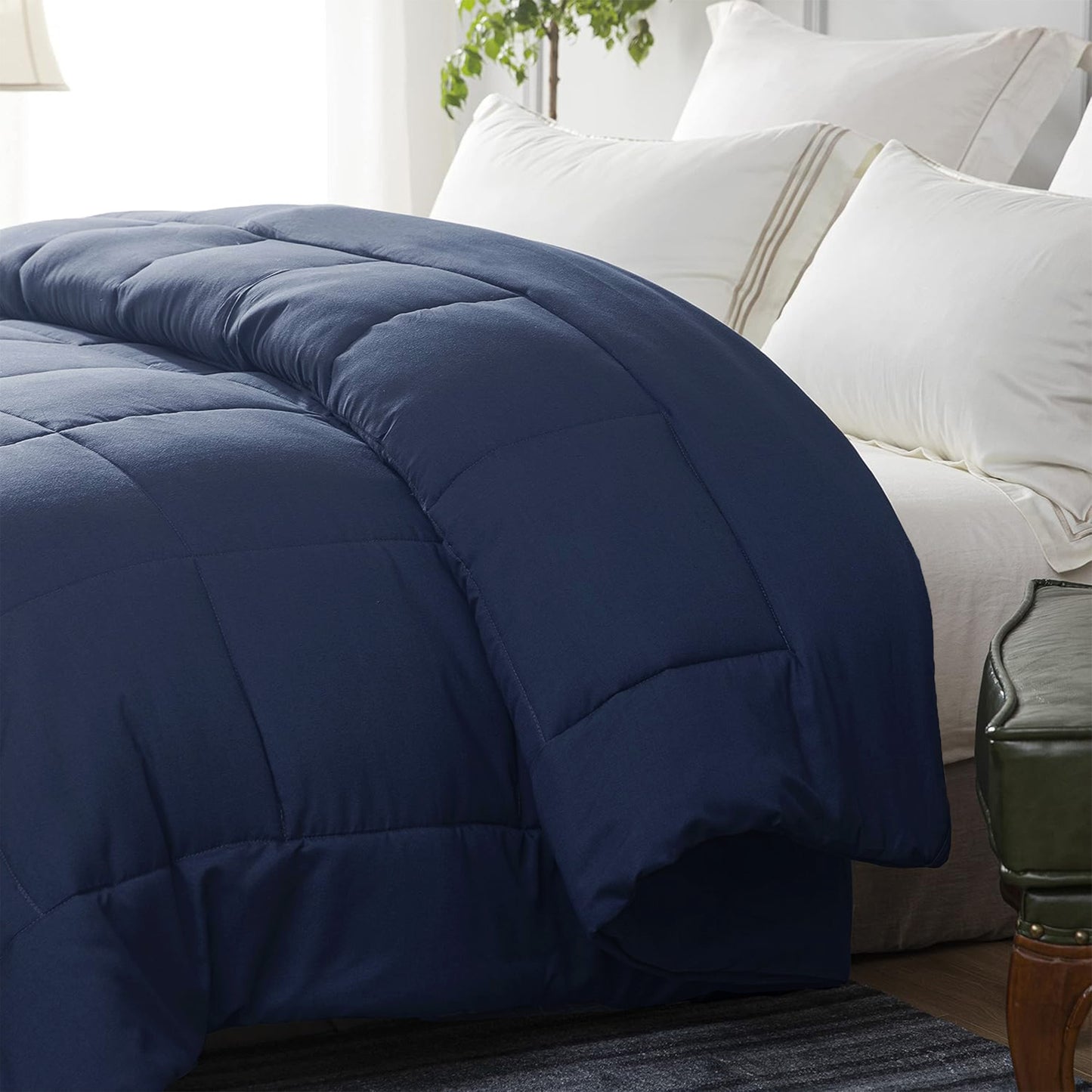Exclusivo Mezcla Queen Comforter Set Navy Blue, 3-Piece Solid Comforter Duvet Insert with Corner Tabs, Lightweight Bedding Down Alternative Comforter for All Seasons