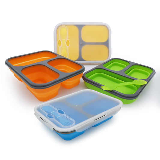 Exclusivo Mezcla Collapsible Bento Lunch Box (4pcs) With Spork & Leakproof Lid, BPA Free, Silicone Bento Box Space Saving Food Storage Containers with 3 Compartments(4 Color Pack)