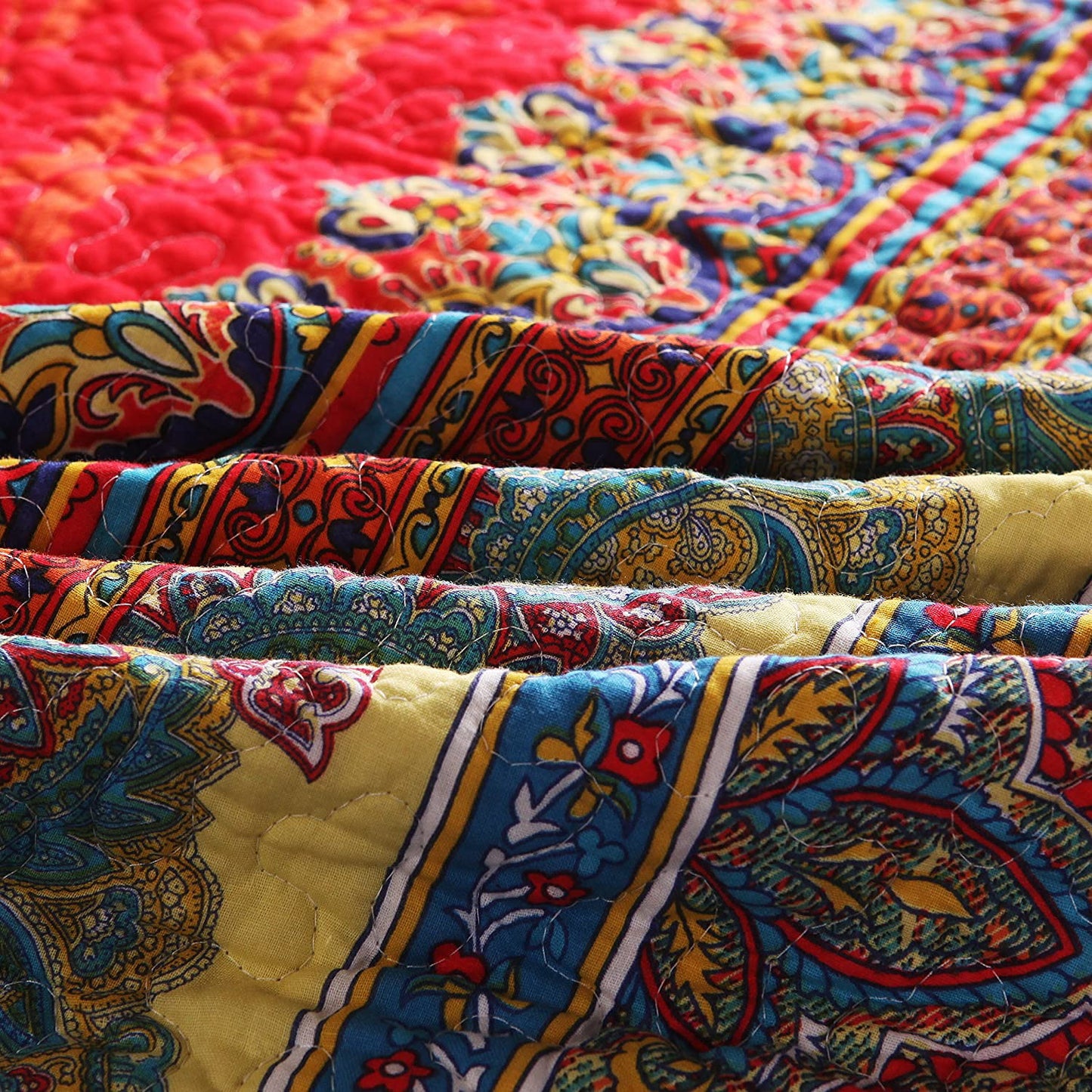 Exclusivo Mezcla Luxury Reversible 100% Cotton Paisley Boho Stripe Quilted Throw Blanket 60" x 50" Machine Washable and Dryable