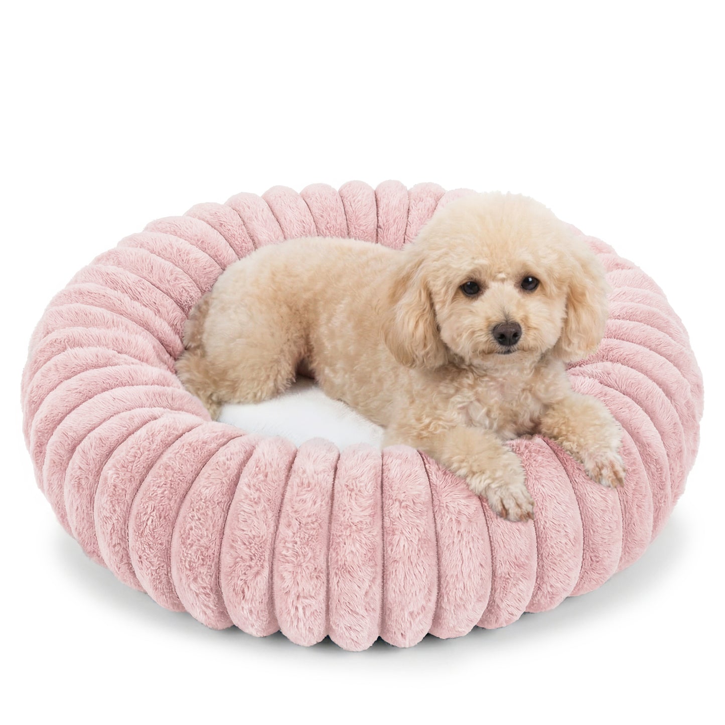 Exclusivo Mezcla Calming Donut Dog Bed, 24 inches Cozy Fluffy Faux Rabbit Fur Round Pet Bed, Machine Washable, Pink