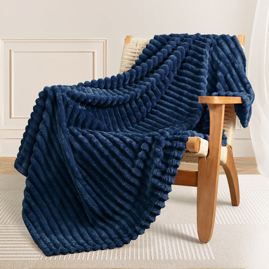 Exclusivo Mezcla Fleece Throw Blanket for Couch, Super Soft 3D Striped Jacquard Bed Blanket, Lightweight Fuzzy Cozy Blankets for All Seasons, 50x60 Inches, Navy Blue Blanket