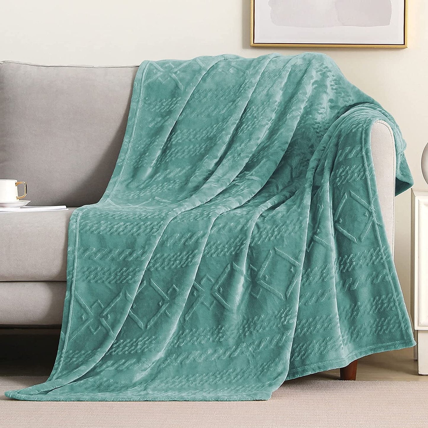 Exclusivo Mezcla Soft Throw Blanket, Large Fuzzy Fleece Blanket, Decorative Geometry Pattern Plush Throw Blanket for Couch/Sofa/Bed, 50"x60",Celadon