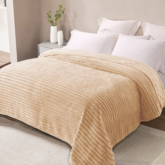 Exclusivo Mezcla Queen Size Flannel Fleece Blanket, Super Soft 3D Striped Jacquard Bed Blanket, Lightweight Fuzzy Cozy Blankets for All Seasons, 90x90 Inches, Beige Blanket