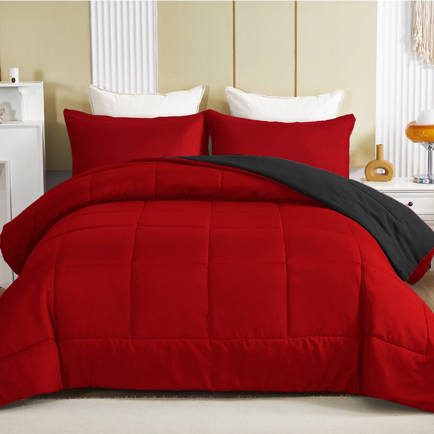 Exclusivo Mezcla Lightweight Reversible 2-Piece Comforter Set All Seasons, Down Alternative Comforter with 1 Pillow Sham, Twin Size, Red/Black