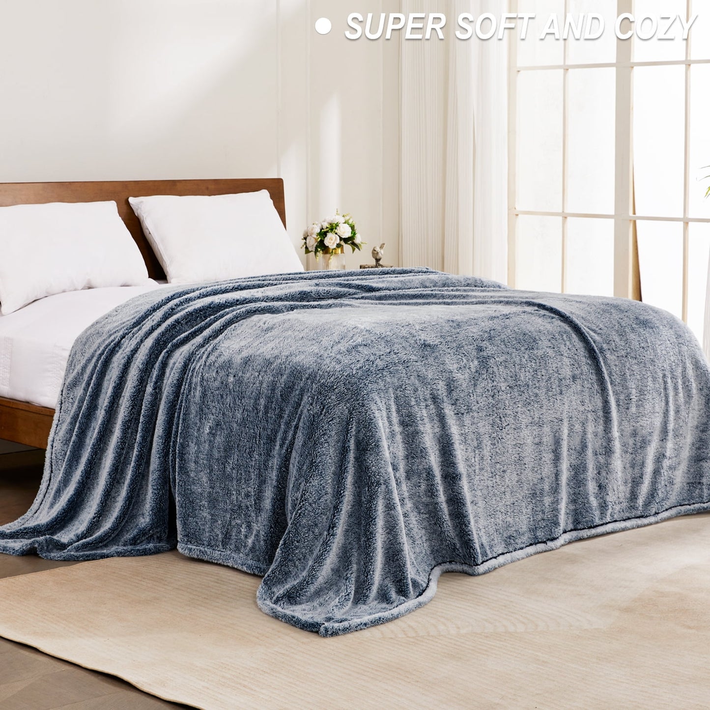 Exclusivo Mezcla Plush Fuzzy Fleece Queen Size Bed Blanket, Super Soft Fluffy and Thick Blankets for Travel Bed and Couch (Mixed Navy Blue, 90x90 inches)