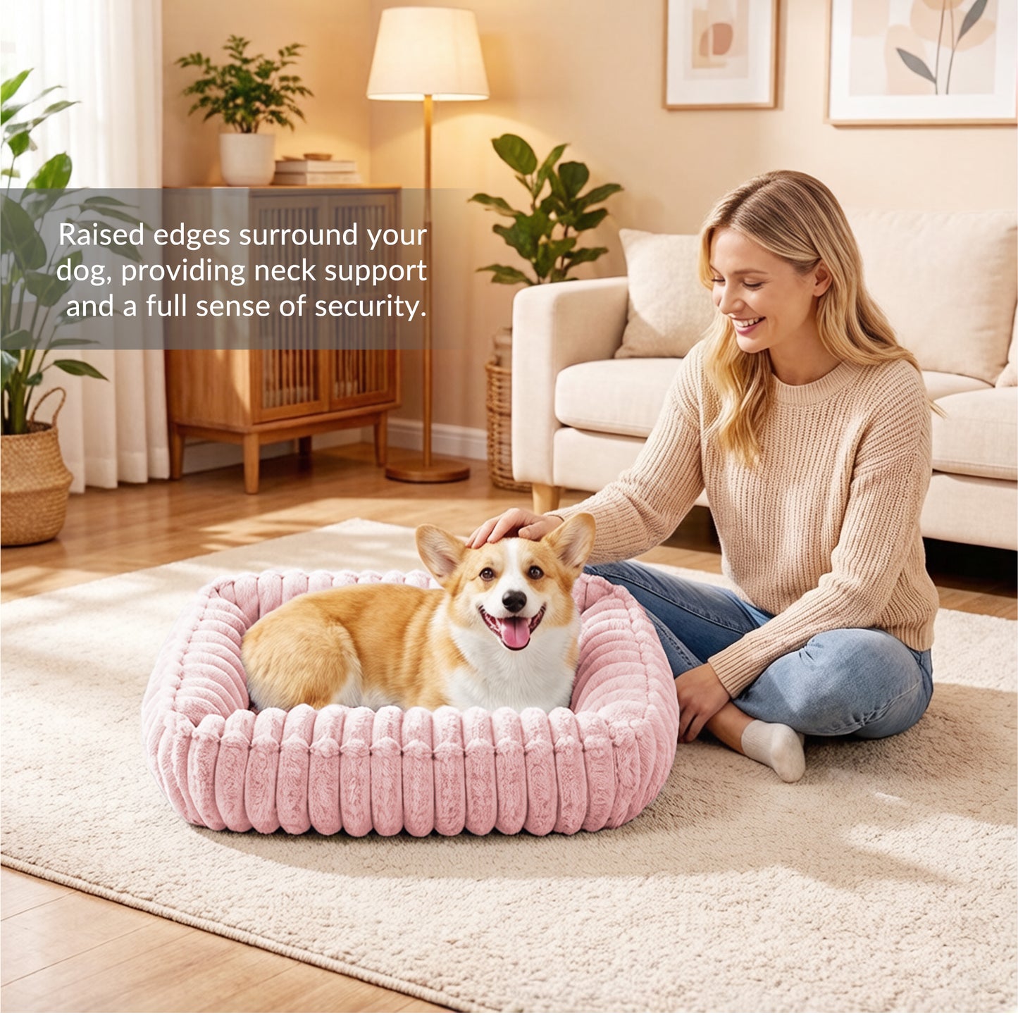 Exclusivo Mezcla Ribbed Plush Cuddler Dog Bed, 20"x16" Calming Pet Bed with Non-Slip Bottom for Small Dogs, Machine Washable, Pink