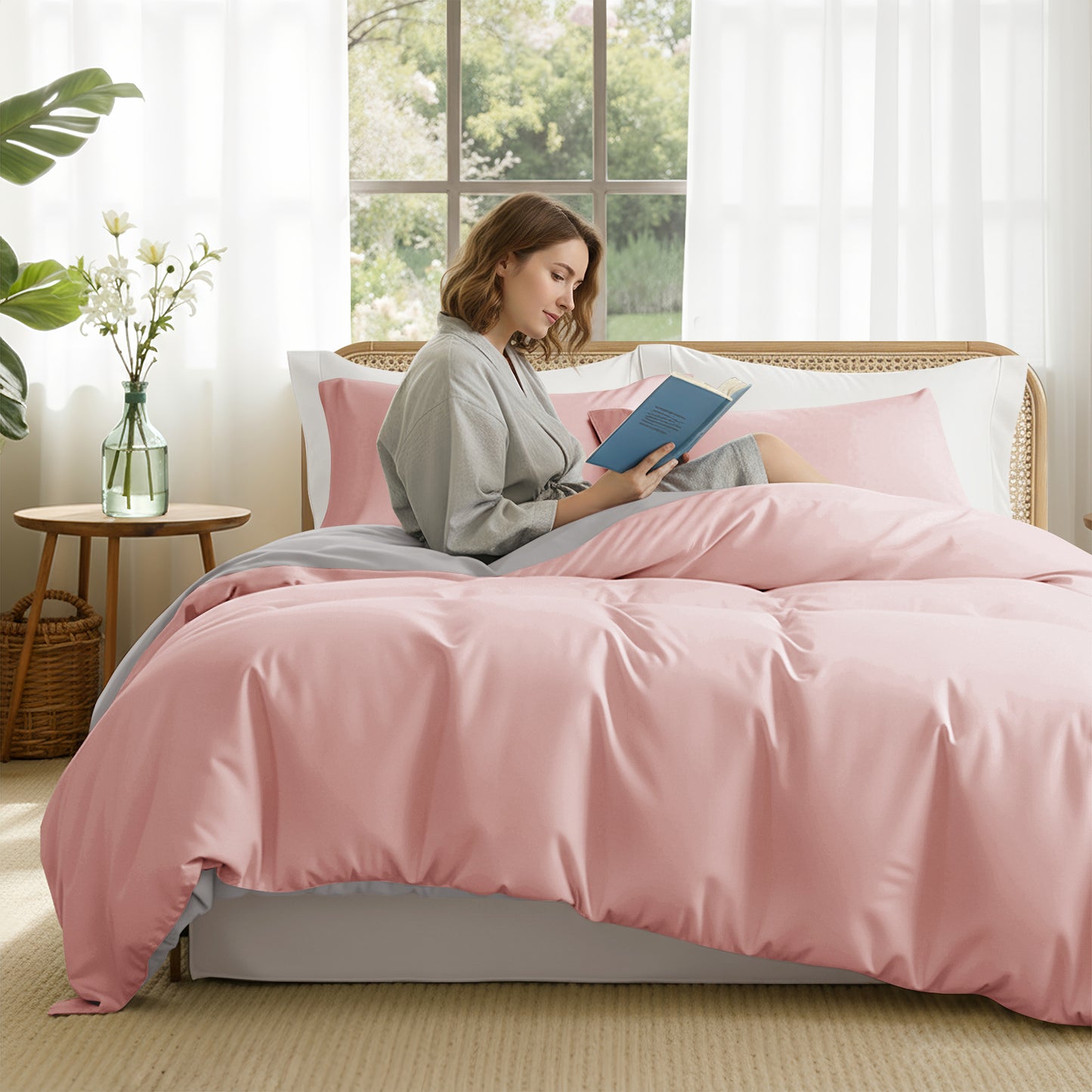 Exclusivo Mezcla Queen Bedding Duvet Cover Set, 3 Pieces Lightweight Comforter Cover with Pillow Shams (Pink and Light Grey)