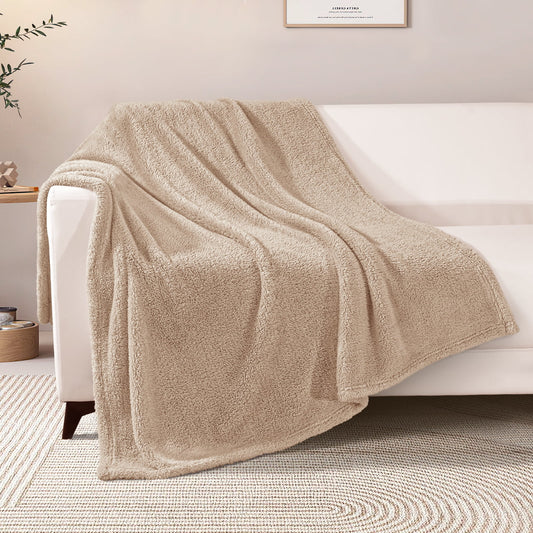 Exclusivo Mezcla Soft Fleece Throw Blanket for Couch, Super Soft Velvet Plush Bed Blanket, Fuzzy Cozy Blankets for All Seasons, 50x60 Inches, Beige Blanket