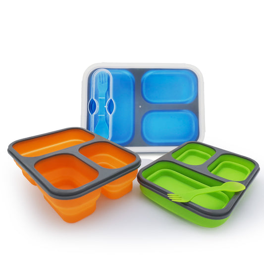 Exclusivo Mezcla Collapsible Bento Lunch Box (3pcs) With Spork & Leakproof Lid, BPA Free, Silicone Bento Box Space Saving Food Storage Containers with 3 Compartments,Green+Orange+Blue