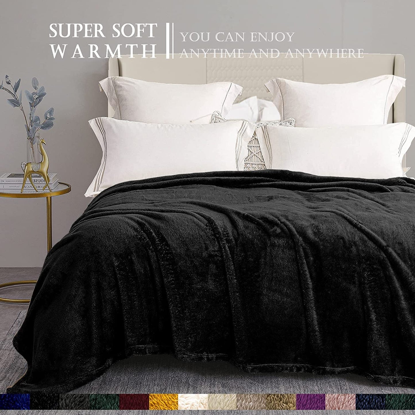 Exclusivo Mezcla Plush Fuzzy Fleece Queen Size Bed Blanket, Super Soft Fluffy and Thick Blankets for Travel Bed and Couch (Black, 90x90 inches)