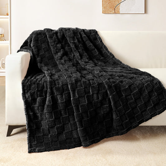 Exclusivo Mezcla Fleece Throw Blanket for Couch, Super Soft 3D Checkered Jacquard Bed Blanket, Cozy Fluffy Lightweight Blanket for All Seasons, 50x60 Inches, Black Blanket