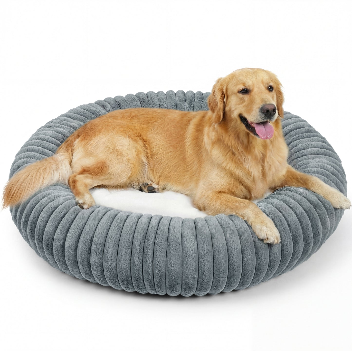 Exclusivo Mezcla Calming Donut Dog Bed, 36 inches Cozy Fluffy Faux Rabbit Fur Round Pet Bed, Machine Washable, Dark Grey