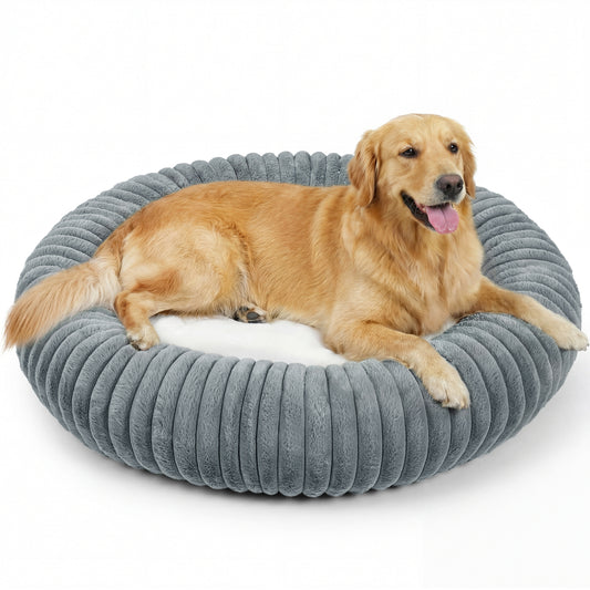Exclusivo Mezcla Calming Donut Dog Bed, 36 inches Cozy Fluffy Faux Rabbit Fur Round Pet Bed, Machine Washable, Dark Grey