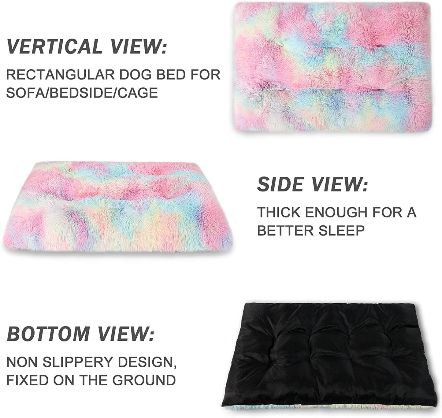 Exclusivo Mezcla Soft Plush Dog Bed Crate Mat for Medium Dogs (38*26*4 in), Faux Fur Fluffy Dog Pet Cat Kennel Pad with Anti-Slip Bottom, Machine Washable, Rainbow