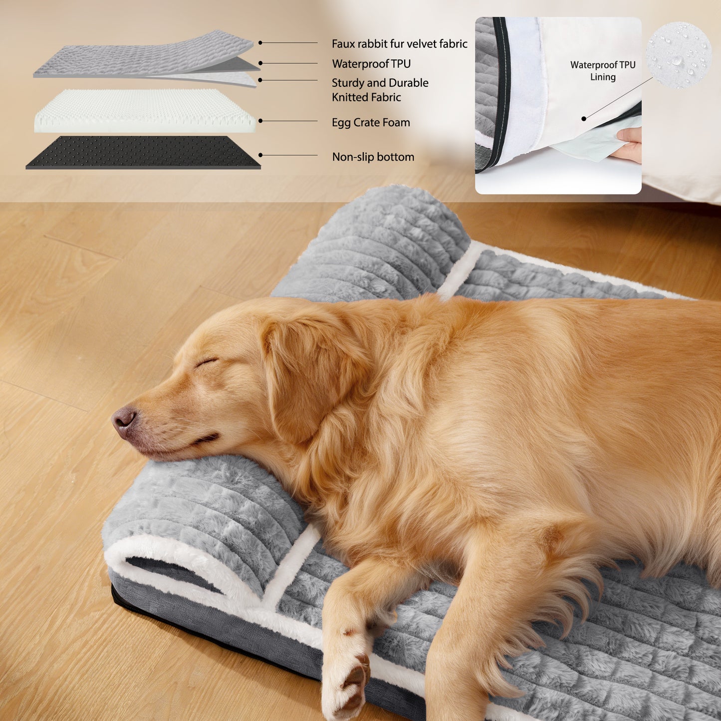 Exclusivo Mezcla Orthopedic Dog Bed with Head Pillow for Large Dogs, Removable and Machine-Washable Cover, 48"X30", Grey