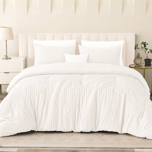 Exclusivo Mezcla 2-Piece Seersucker Twin Comforter Set White, Lightweight Soft Striped Pattern All Season Bedding Comforter sets with 1 Pillow Sham