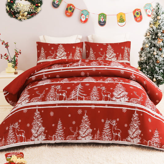 Exclusivo Mezcla Christmas Comforter Set King Size, Reversible Rust Red Striped Down Alternative Comforter Sets, Printed with Christmas Trees Snowflakes Pattern, for Holiday Decoration and Gifts