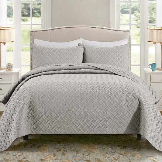 Exclusivo Mezcla 2-Piece Light Gray Twin Size Quilt Set, Weave Pattern Ultrasonic Lightweight and Soft Quilts/Bedspreads/Coverlets/Bedding Set (1 Quilt, 1 Pillow Sham) for All Seasons