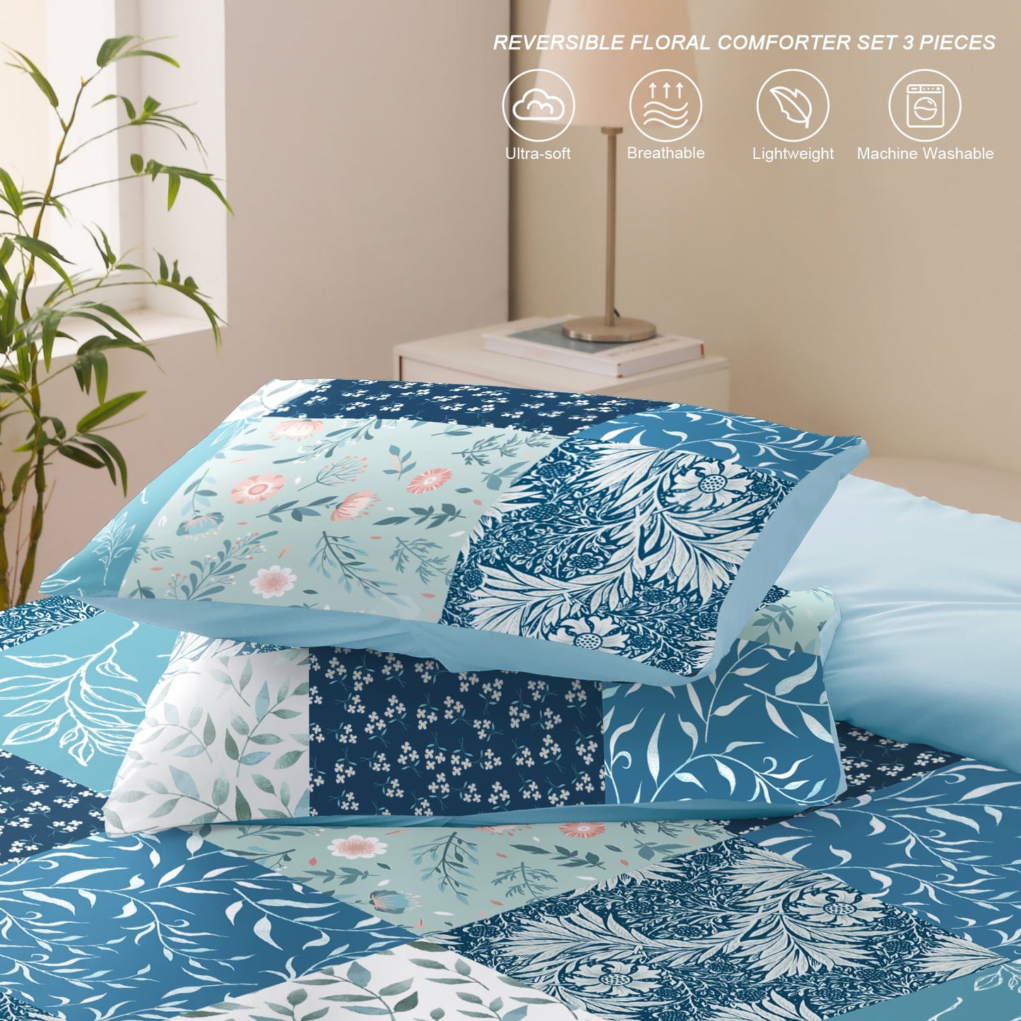Exclusivo Mezcla 3-Piece Patchwork Queen Size Comforter Set, Microfiber Bedding Down Alternative Comforter for All Seasons with 2 Pillow Shams, Navy Blue