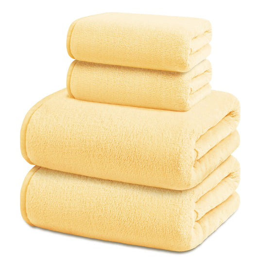 Exclusivo Mezcla 4-Piece Ultra Soft Bath Towel Set, Large Highly Absorbent Microfiber Coral Velvet Towel, Quick Drying for Body, Bathroom, Gym, Spa, 2 Bath Towels, 2 Hand Towels, Yellow