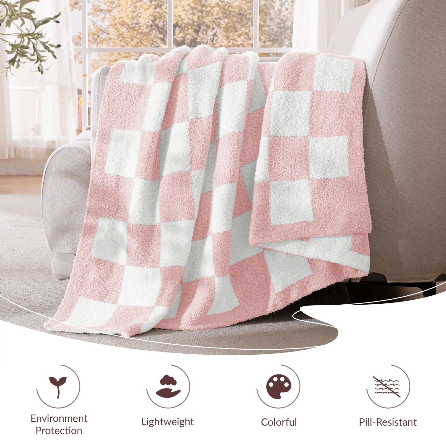 Exclusivo Mezcla Checkered Knit Blanket for Bed Twin Size, Ultra Soft Cozy Fluffy Blanket, Lightweight Fuzzy Throw for Couch and Bed, Pink, 60"x80"