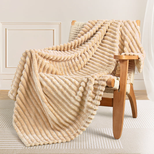 Exclusivo Mezcla Fleece Throw Blanket for Couch, Super Soft 3D Striped Jacquard Bed Blanket, Lightweight Fuzzy Cozy Blankets for All Seasons, 50x60 Inches, Beige Blanket