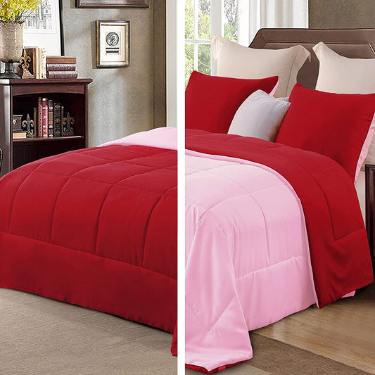 Exclusivo Mezcla Lightweight Reversible 2-Piece Comforter Set All Seasons, Down Alternative Comforter with 1 Pillow Sham, Twin Size, Red/ Pink
