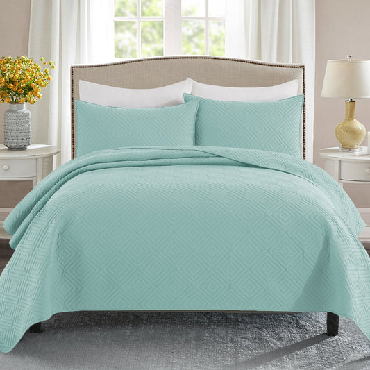Exclusivo Mezcla 3-Piece Aqua Queen Size Quilt Set, Square Pattern Ultrasonic Lightweight and Soft Quilts/Bedspreads/Coverlets/Bedding Set (1 Quilt, 2 Pillow Shams) for All Seasons