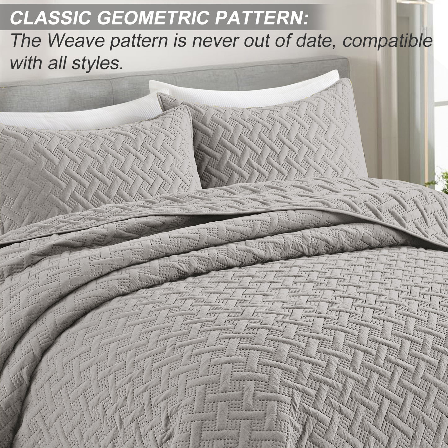 Exclusivo Mezcla 2-Piece Light Gray Twin Size Quilt Set, Weave Pattern Ultrasonic Lightweight and Soft Quilts/Bedspreads/Coverlets/Bedding Set (1 Quilt, 1 Pillow Sham) for All Seasons