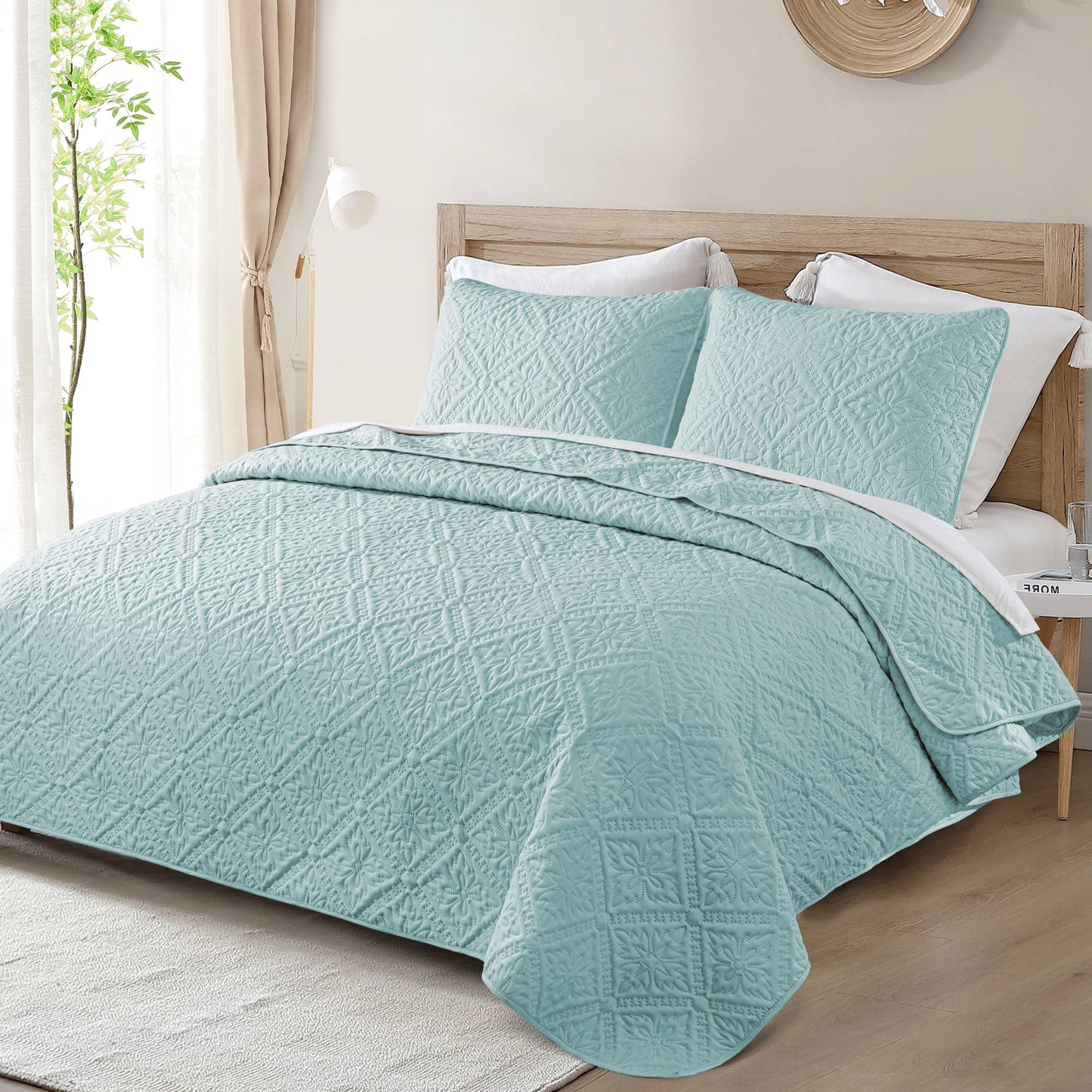Exclusivo Mezcla Queen Quilt Bedding Set, Lightweight Soft Bedspreads Coverlets with 2 Pillow Shams, Modern Aqua Blue Quilts Queen Full Size for All Seasons