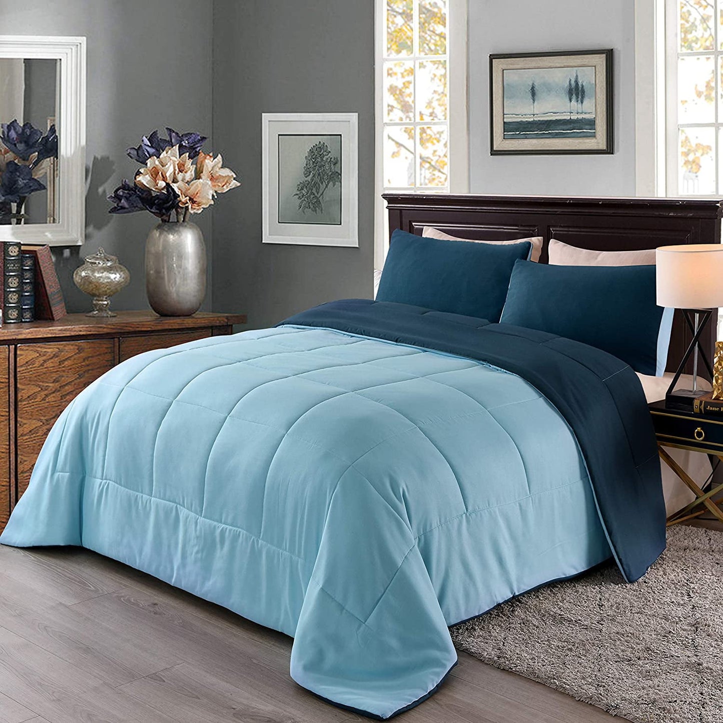 Exclusivo Mezcla Lightweight Reversible 2-Piece Comforter Set All Seasons, Down Alternative Comforter with 1 Pillow Sham, Twin Size, Navy/ Blue