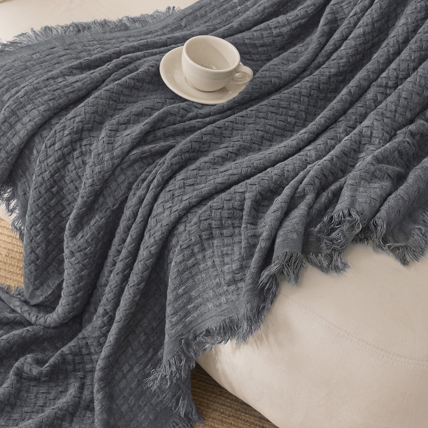Exclusivo Mezcla Knitted Queen Size Blanket with Fringes for Bed, Soft and Warm Textured Blanket for All Season, Lightweight Breathable Living Room Bedding, Dark Grey, 90??x90??,Exclusivo Mezcla"