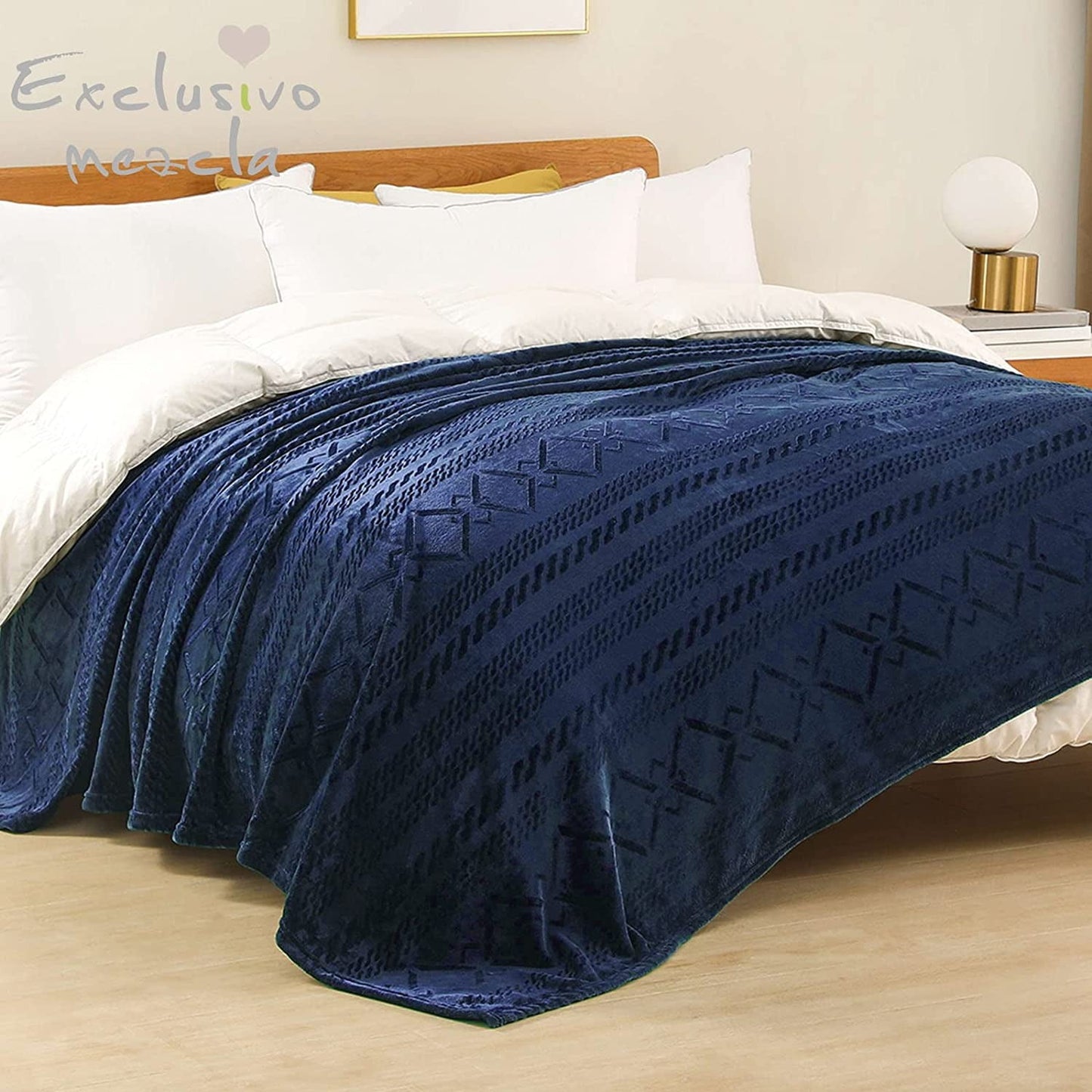 Exclusivo Mezcla Queen Size Soft Bed Blanket, Warm Fuzzy Luxury Bed Blankets, Decorative Geometry Pattern Plush Throw Blanket for Bed, 90x90 Inches, Navy Blue