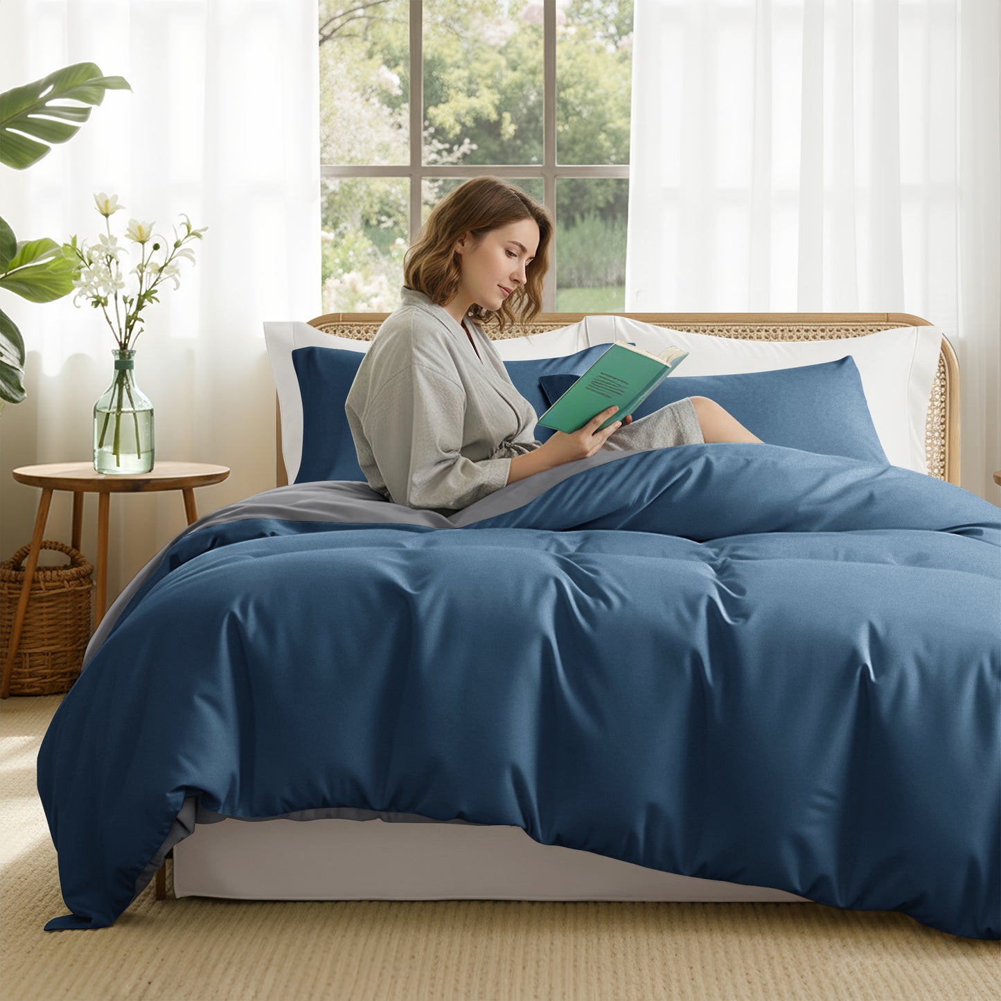Exclusivo Mezcla Twin Bedding Duvet Cover Set, 2 Pieces Lightweight Comforter Cover with Pillow Sham (Dark Blue and Dark Grey)