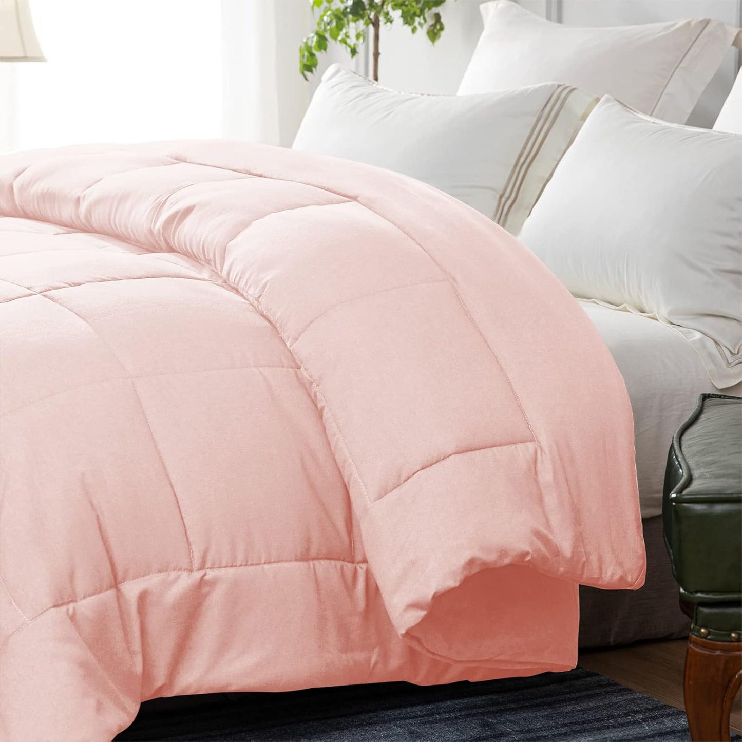 Exclusivo Mezcla Queen Comforter Set Blush Pink, 3-Piece Solid Comforter Duvet Insert with Corner Tabs, Lightweight Bedding Down Alternative Comforter for All Seasons