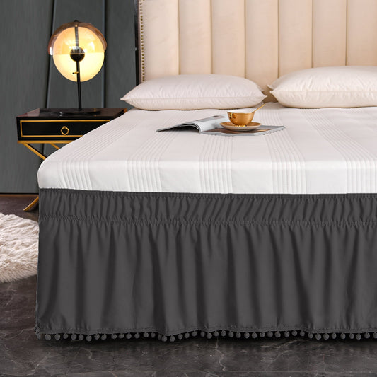 Exclusivo Mezcla Pom Pom Bed Skirt with Adjustable Elastic Belt, Easy Wrap Around Dust Ruffles with 16 Inch Tailored Drop, Wrinkle and Fade Resistant, (Twin, Grey)