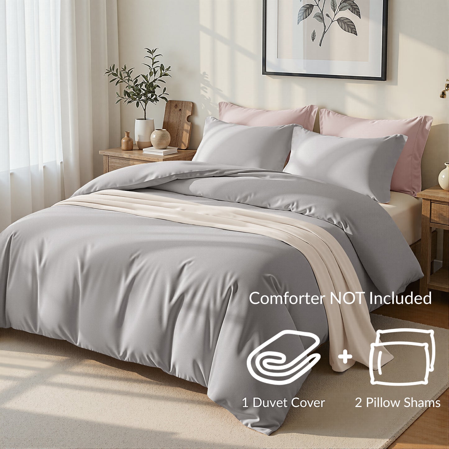 Exclusivo Mezcla King Bedding Duvet Cover Set, 3 Pieces Lightweight Comforter Cover with Pillow Shams (Light Grey)