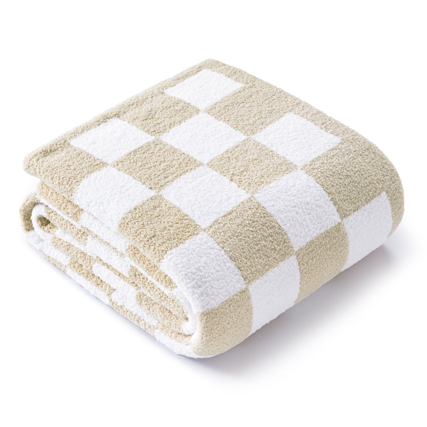 Exclusivo Mezcla Checkered Knit Throw Blanket, Ultra Soft Cozy Fluffy Checkerboard Blankets, Lightweight Fuzzy Plush Throw for Couch and Bed, Khaki, 50"x60"