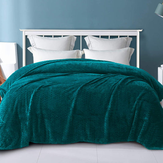 Exclusivo Mezcla King Size Jacquard Weave Leaves Pattern Flannel Fleece Velvet Plush Bed Blanket for Couch Bed Sofa (90" x 104", Teal) - Soft, Lightweight, Warm and Cozy