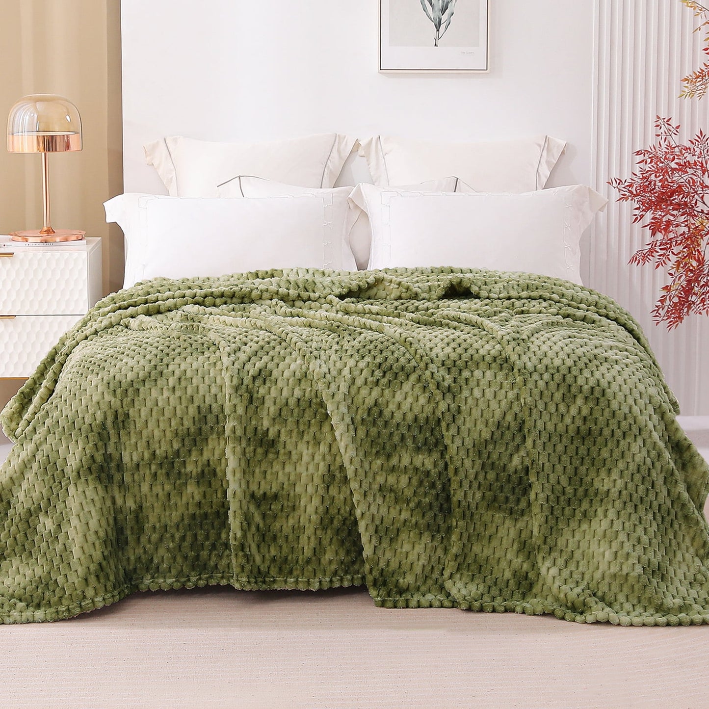 Exclusivo Mezcla Queen Size Flannel Fleece Blanket, 90x90 Inches Stylish Jacquard Velvet Plush Blanket for Bed, Cozy, Warm, Lightweight and Decorative Olive Green Blanket