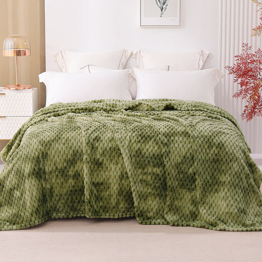 Exclusivo Mezcla King Size Flannel Fleece Blanket, 90x104 Inches Stylish Jacquard Velvet Plush Blanket for Bed, Cozy, Warm, Lightweight and Decorative Olive Green Blanket