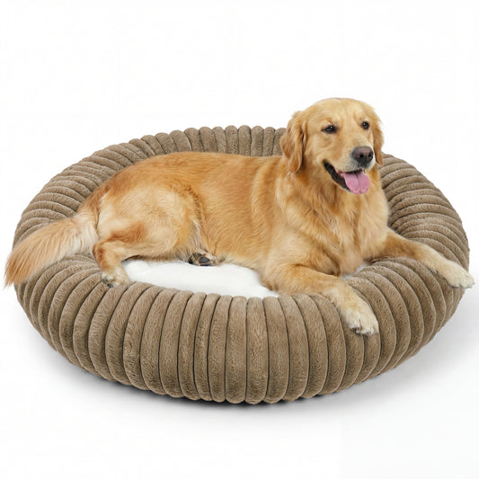 Exclusivo Mezcla Calming Donut Dog Bed, 36 inches Cozy Fluffy Faux Rabbit Fur Round Pet Bed, Machine Washable, Khaki