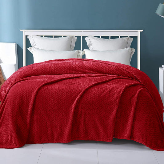 Exclusivo Mezcla Queen Size Jacquard Weave Leaves Pattern Flannel Fleece Velvet Plush Bed Blanket for Couch Bed Sofa (90" x 90", Red) - Soft, Lightweight, Warm and Cozy