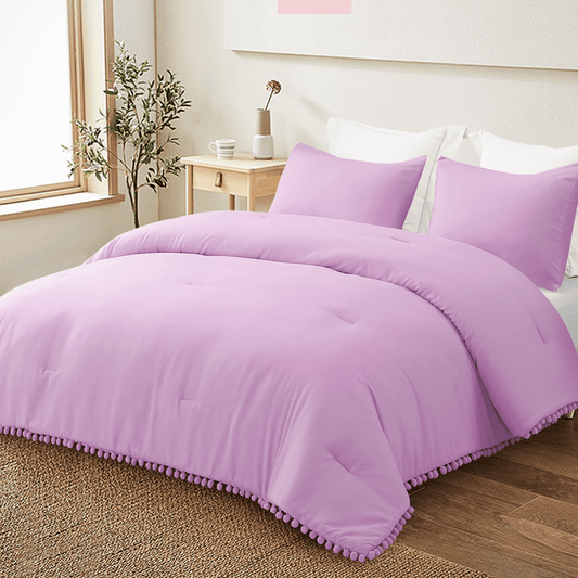 Exclusivo Mezcla Boho Pom Pom Ball Fringe King Size Comforter Set, 3 Piece Lilac Lightweight Down Alternative Bedding Comforter Sets for All Seasons (1 Comforter and 2 Pillowcases)